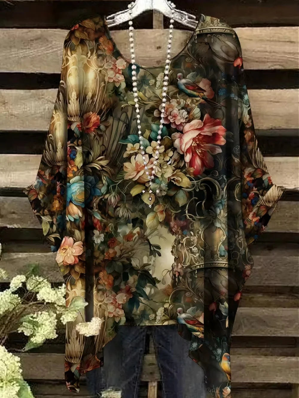 Bohemian Chic Women's T-Shirt Vintage Floral Graphic O-Neck Pullover Short Sleeve Tees Oversized Irregular Hemline Y2k Clothes