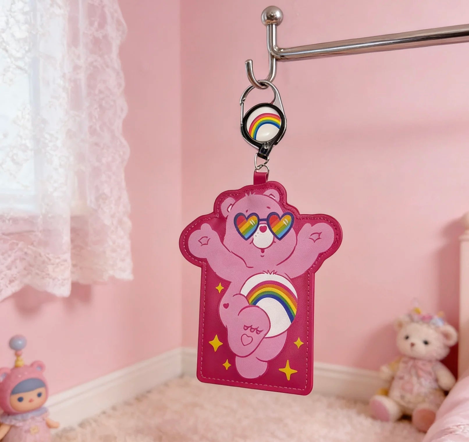 Care Bears Cute Bear Shaped Card Holder with Retractable Reel – Adorable Bag Charm for ID & Cards