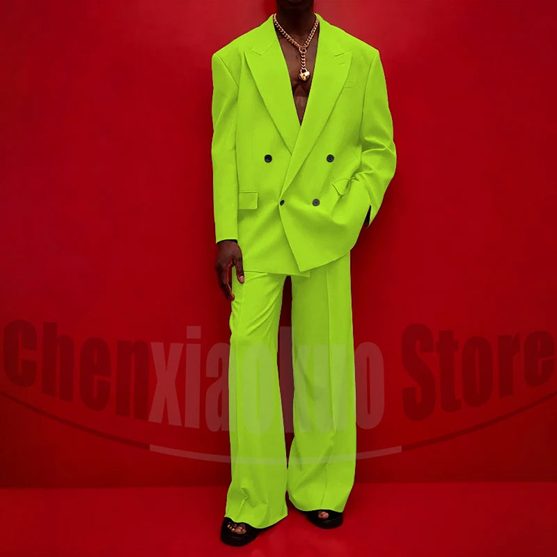Men's Double Breasted Suit Set Oversized Blazer and Wide-Leg Trousers Fashion Casual Formal Outfits for Streetwear Party