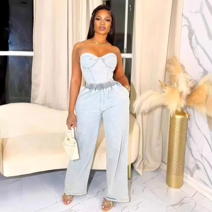 2 Piece Set Women Denim Ensemble Strapless Top Sleeveless Backless Zipper Elastic Waist Jeans Suit Streetwear 2025 Sexy Outfits