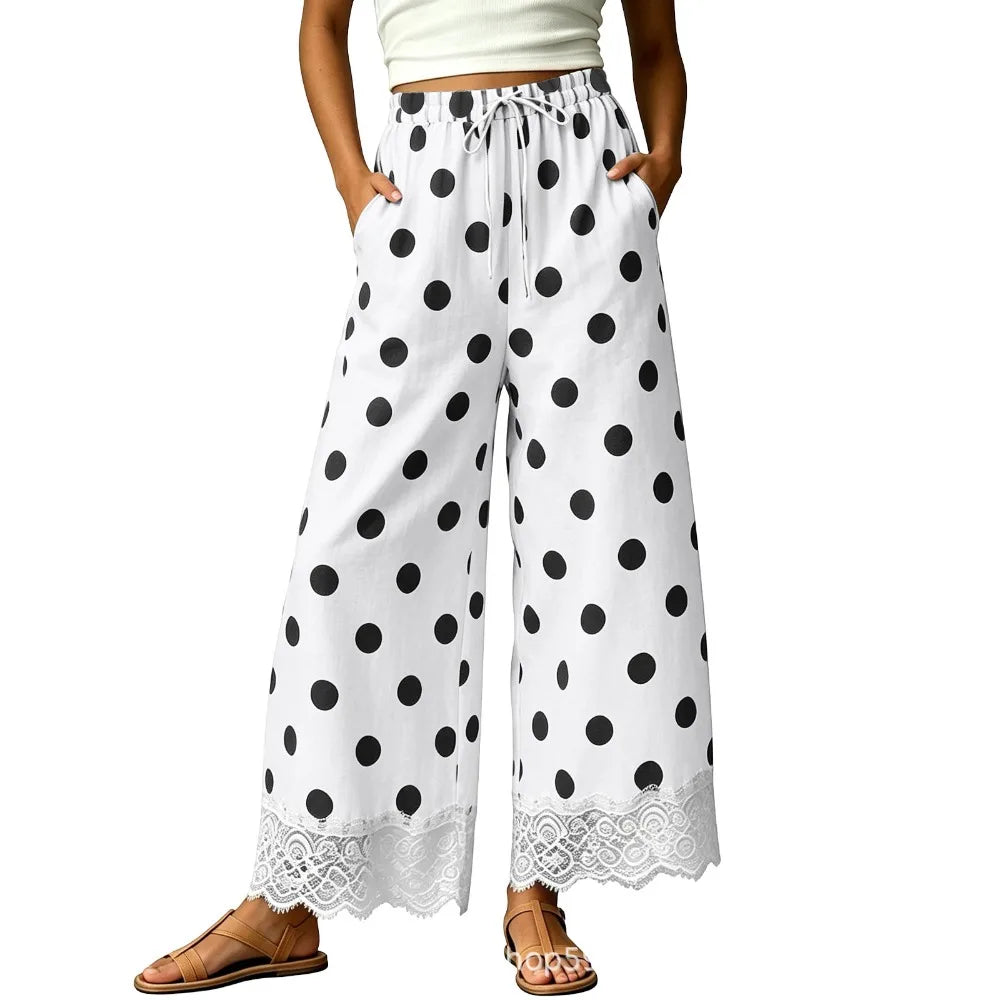 Ladies' Casual Wide Leg Pants, Thin and Sweet, Nine PointWide LegPants, Loose ElasticWaisted Lace Pants, Women's Polka Dot Cheap