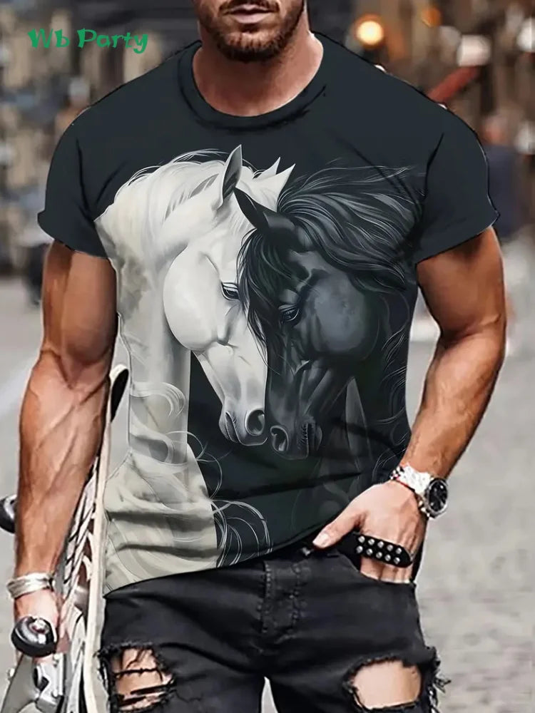 New Horse T-Shirts for Men Summer Outdoor Men Short Sleeve Animal Print Breathable Men's Clothing Fashion Round Neck Men's Tops