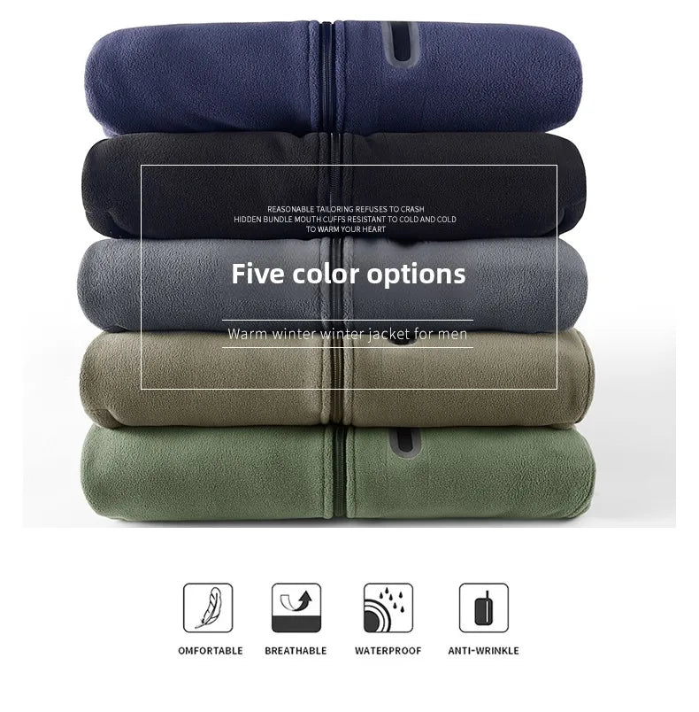 Winter Thickened Windproof Stand Collar Zipper Jacket for Men Casual Outdoor Fleece-Lined Coat Embroidered Men's Warm Jackets
