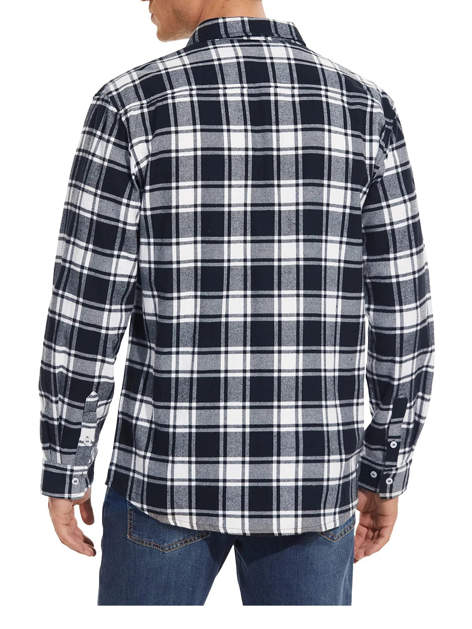 MAGCOMSEN Autumn Windproof Men's Flannel Shirt Warm Long Sleeve Casual Plaid Shirts with Two Chest Pockets