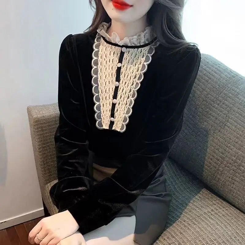 Fashionable Long Sleeved Gold Velvet Lace Base Shirt Women's Top Stylish Small Shirt