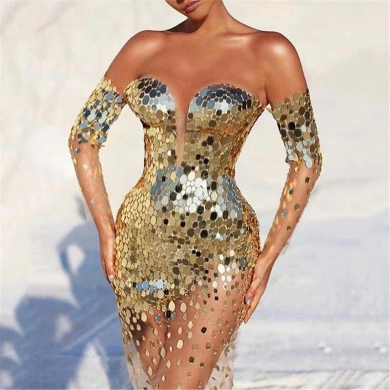 Long Sleeve Bare Shoulder Glitter Sequined Dress See Through Mesh Spliced Bodycon Party Cocktail Evening Dress for Women