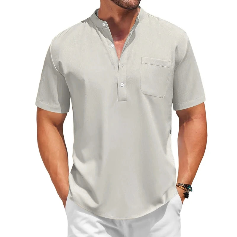 Mens Casual Henley Shirt Summer Short Sleeve Band Collar Cotton Tops Beach Hippie  Tee with Pockets Outdoor Streetwear for Men