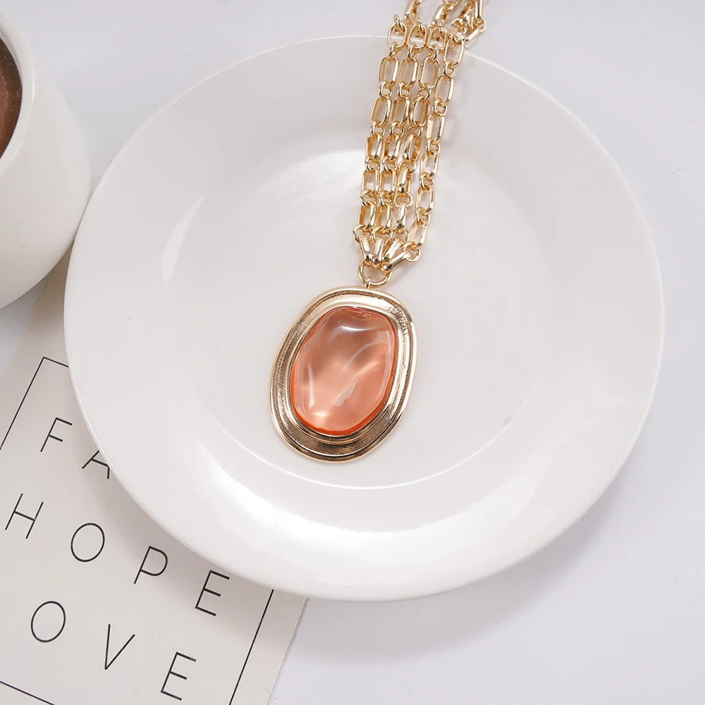 Peach Stone Layered Gold Chain Necklace (Modern Minimalist) Statement Jewelry Perfect For Brunch Date Stylish Outfits That Blend