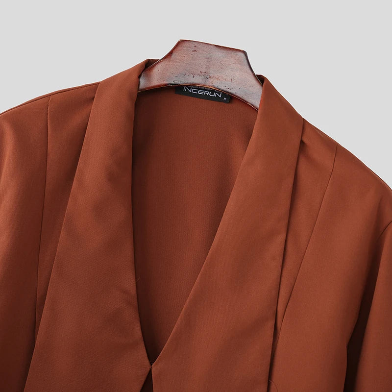 INCERUN Men's Shirt Solid Color Deep V Neck Long Sleeve Men's Clothes Tops With Belt Streetwear 2026 Fashion Camisas Masculina