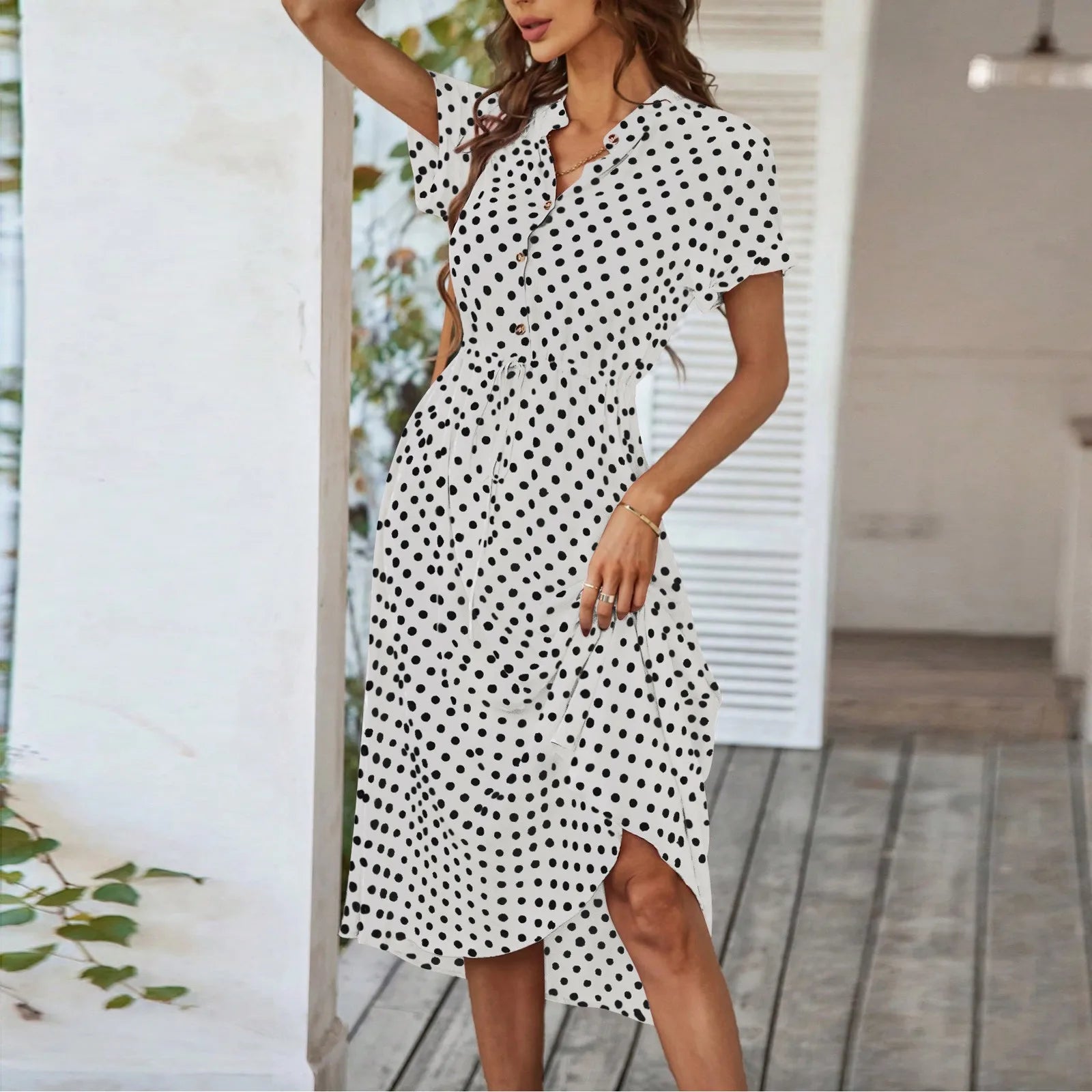 Elegant retro polka dot dress Women's Summer Midi Dress V Neck Single Breasted Short Sleeve Dresses Fashion Print Dress
