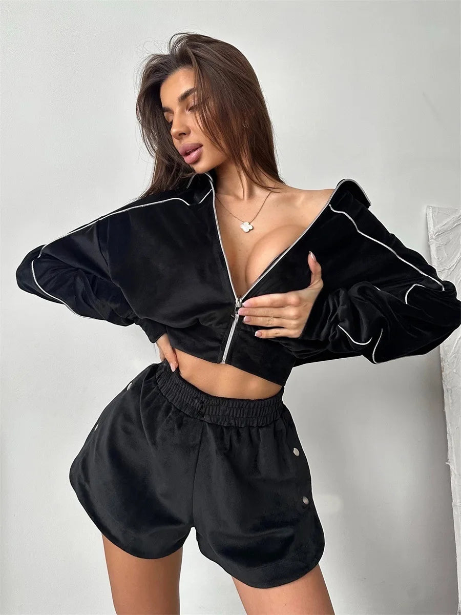 Summer Women Long Sleeved Zipper Two Piece Sets Top Elastic Shorts Outfits Fashion Striped Casual Suits Lapel Tracksuits 2026