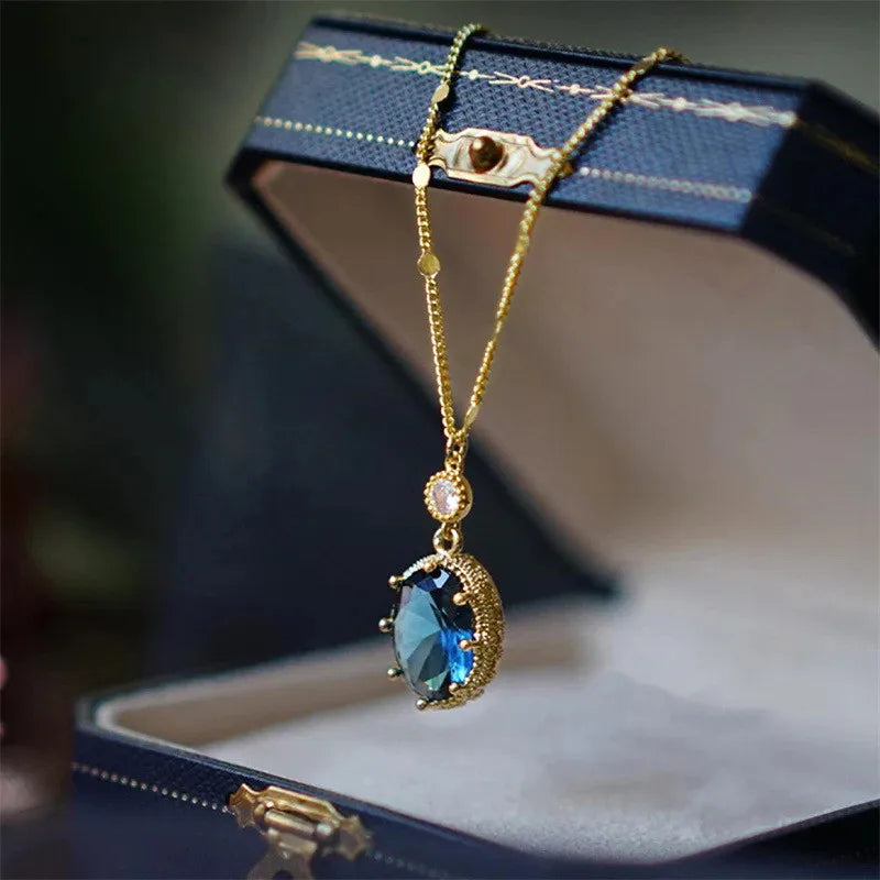 925 Sterling Silver Oval Blue Stone Pendant Necklace Gorgeous Wedding Bridal Accessories Gift Fashion Jewelry for Women