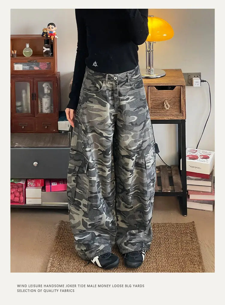 PFNW Camouflage Men Wide-Leg Cargo Pants 2025 Autumn New Trendy Contrast Color High Street Male Trousers
