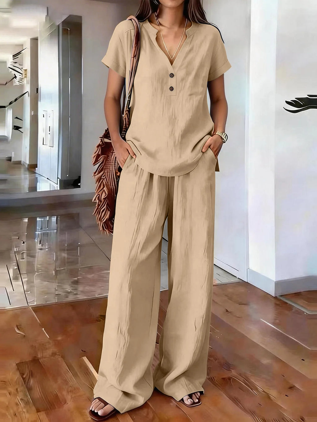 Solid Color Casual Loose Pants Sets For Women 2026 Elegant Summer Women's Two Pieces Suit Full Trouser Set Female Outfit Clothes