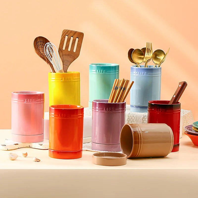 Porcelain Kitchen Utensil Holder for Countertop,Ceramic Storage Organizer for Knives Spoons and Forks,Cooking Tools Container
