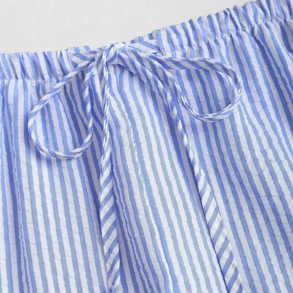 Women's Summer Striped Lace-up 2 Piece Outfits Tie Front Ruffle Lightweight Sleeveless Tank Top and Wide Leg Pants Lounge Sets