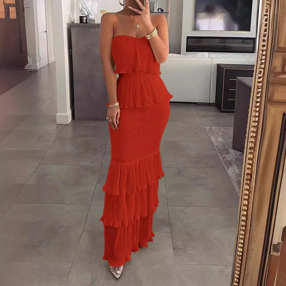 Womens Dresses 2024 Summer Fashion Temperament Solid Color Sexy Bandeau Sleeveless Slim Fit Shirred Ruffle Layered Long Dress