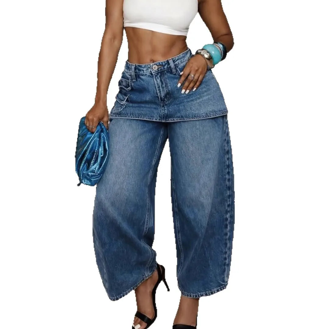 Fashion High Waist Denim Wide Leg Jeans for Women Detachable Skirt Layered Cargo Pocket Streetwear Baggy Jeans Denim Trousers