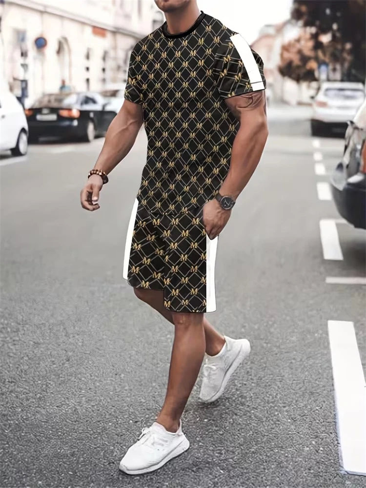 2026 New Spring/Summer Simple Letter 3D Printed Men's Casual Short-sleeved Set, Outdoor Street Fashion Trendy Men's Top And Shor