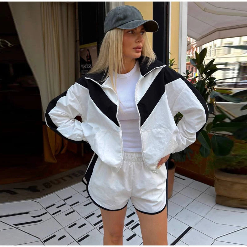 Fashion Color Block 2 Piece Tracksuit Women's Stand Collar Zip Lightweight Jacket Loose Mini Shorts 2026 New Lady Casual Outfit