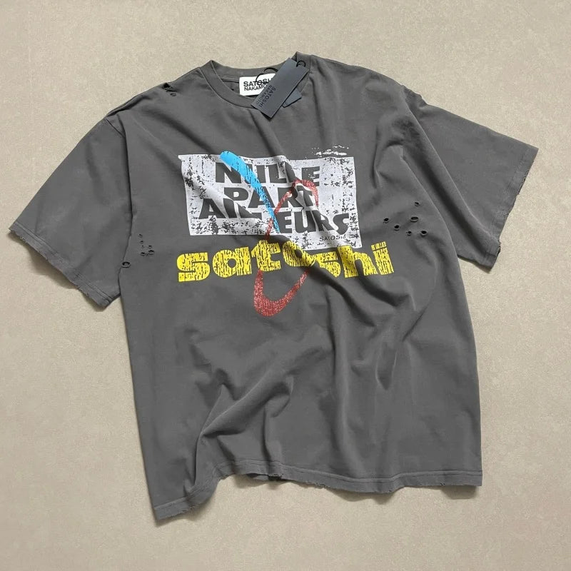 Men Satoshi Nakamoto Vintage Destroyed T-Shirt Oversized Cotton Streetwear Washed Tee