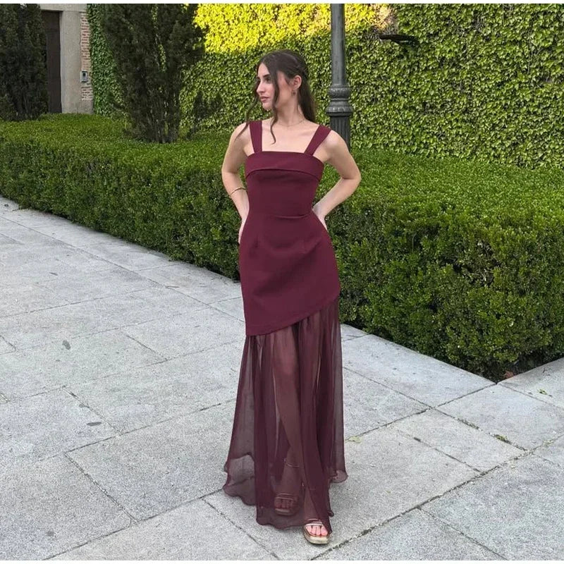 Boho Chic Elegant Mesh Patchwork Sling Dress Sexy Loose Sleeveless Split Scarf Long Dress Female 2026 New Party Evening Dresses