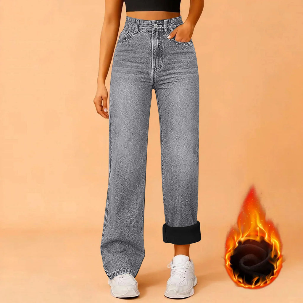 Women Winter Thciken Fleece Warm Denim Jeans Ladies High Street Straight Pants