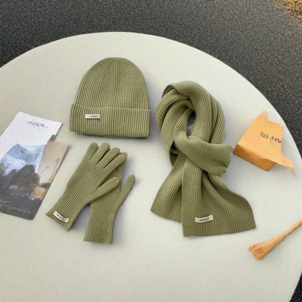 Knitted Winter Scarf Woman Solid Color Hat Scarf Gloves Women's Windproof Adult Three-piece Set Fashion Women's Scarf Hat Set