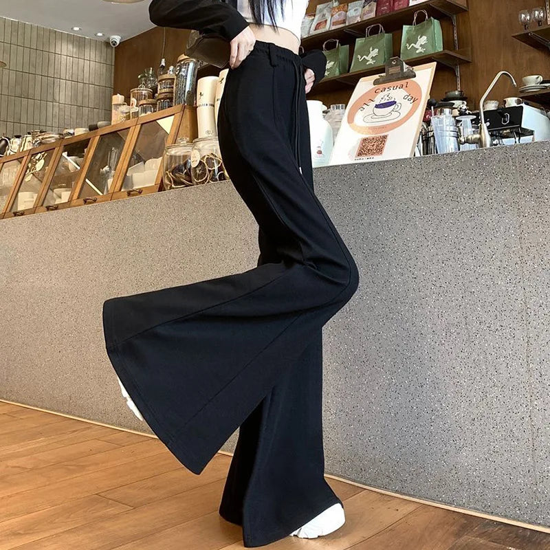 Girls Designer High Waist Flared Pants Lady Korean Slim Fit Casual Trousers Women Chic Drawstring Straight Leg Pants