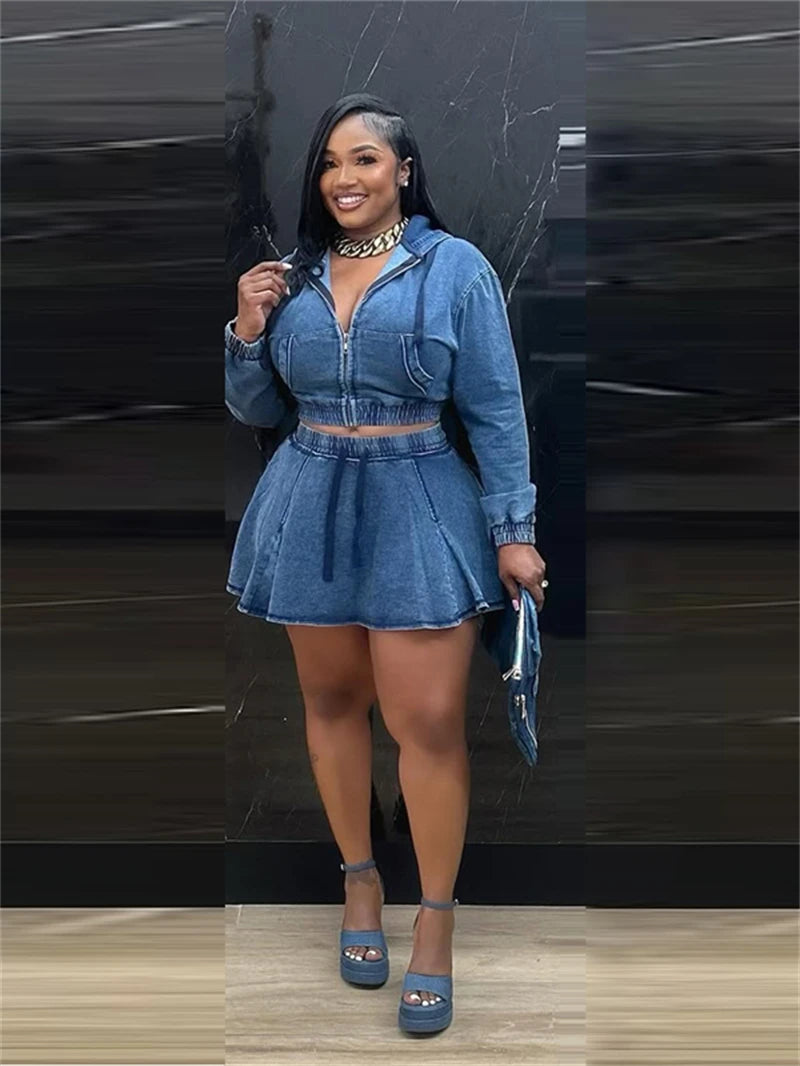 Streetwear Denim 2 Piece Sets Women Outfit Spring Clothing Women Full Sleeve Hooded Crop Top Pleated Skirt Sets Jean Dress Sets