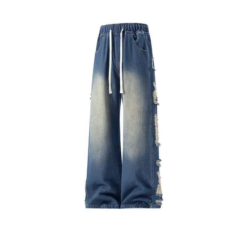 M-XXXL Men's Vintage Washed Jeans American Style Distressed Casual Denim Pants Autumn with Side Rips Drawstring Elastic Waist