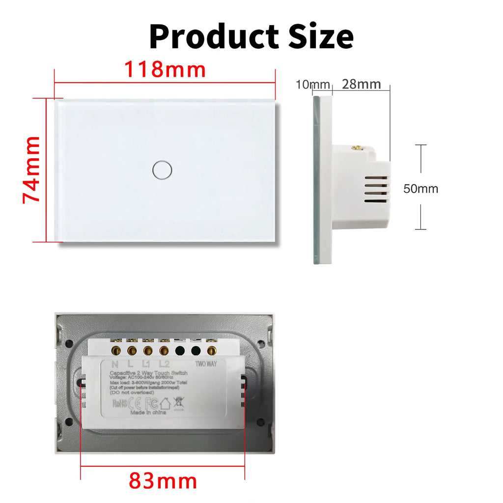 Dual Touch Switch 2Way Light LED Sensor Wall Switches With Tempered Glass Panel Bedroom Stair Switch For US BR Country No Wifi