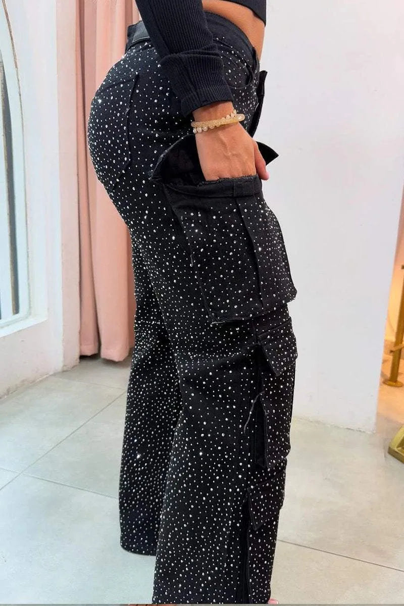New 2026 Women's High Waist Cargo Denim Jeans with Full Rhinestones Sparkling Casual Baggy Pants Streetwear Chic Daily Trousers