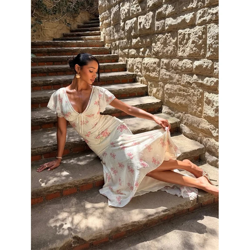 Women Floral Print Short Sleeve Maxi Dress Fashion V-neck Ruffle Trim Belted Slit Hem Dresses Casual Lady Daily Vacation Gowns