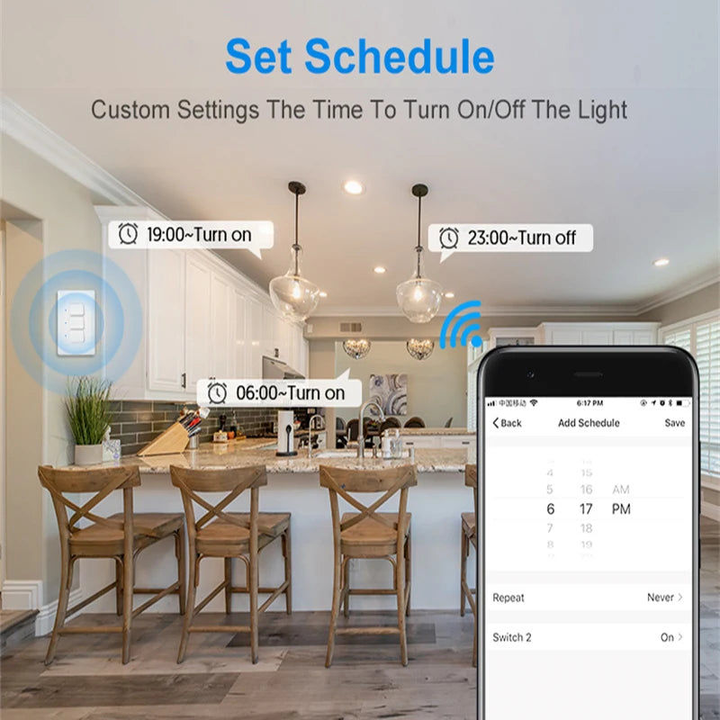 Tuya WiFi Light Switch Smart Wall Push Button Switches No Neutral Required 110-240V 1/2/3 Gang Physical Lamp Switch APP Voice