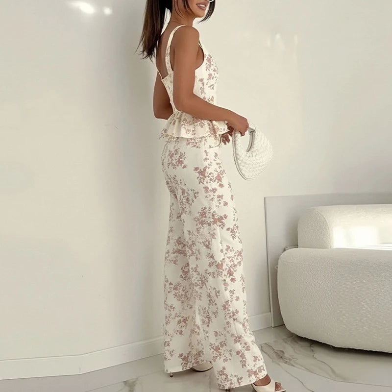 New Floral Print Two Piece Set for Women Sexy Square Collar Ruffle Sling Top And Long Pants Outfit Summer Sleeveless Hollow Suit