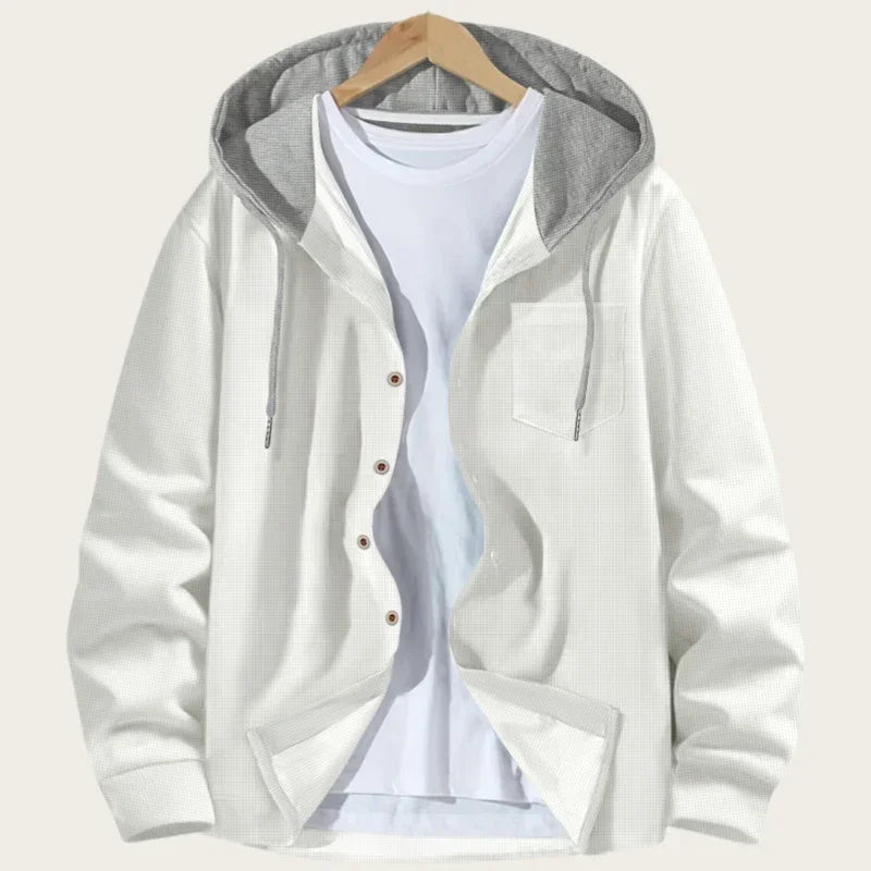 Korean Waffle Hooded Cardigans for Men Spring Autumn Contrast Color Single Breasted Hoodies Breathable Casual Lightweight Jacket