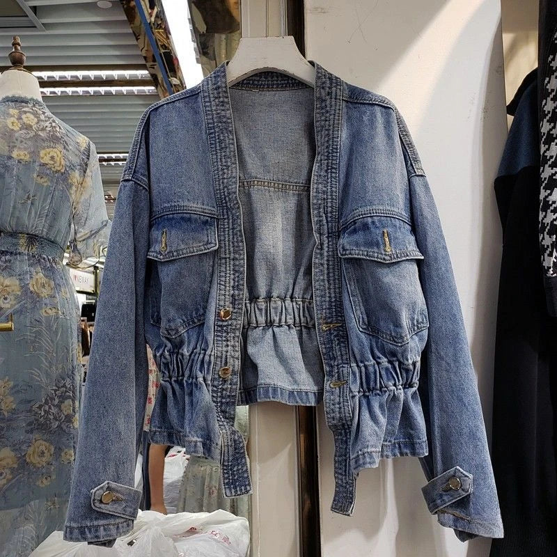 Denim Jacket for Women Plain Cinched Waist Slim Woman Jean Coat Blue Outerwear Spring Autumn 2025 Fashion Low Price Y2k Clothes