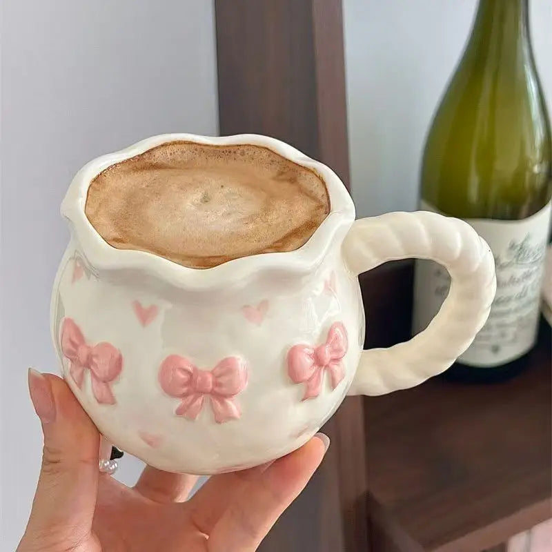 Thickened Cream White Mug Cute Bow Cartoon Ceramic Cup with Handle Milk Cup Coffee Cup Modern Simple Universal Water Cups