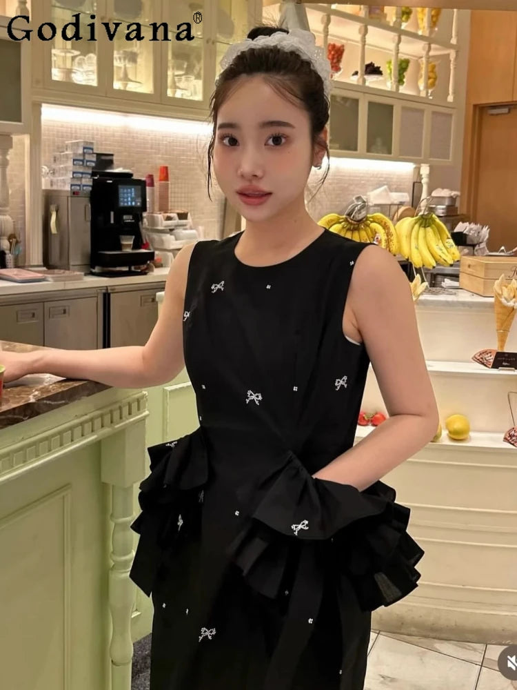 Japanese Sweet Basic Black Sleeveless Long Dress Summer 2025 New Women's Slim Cute Bow Printed Ruffles Casual Fashion Dress