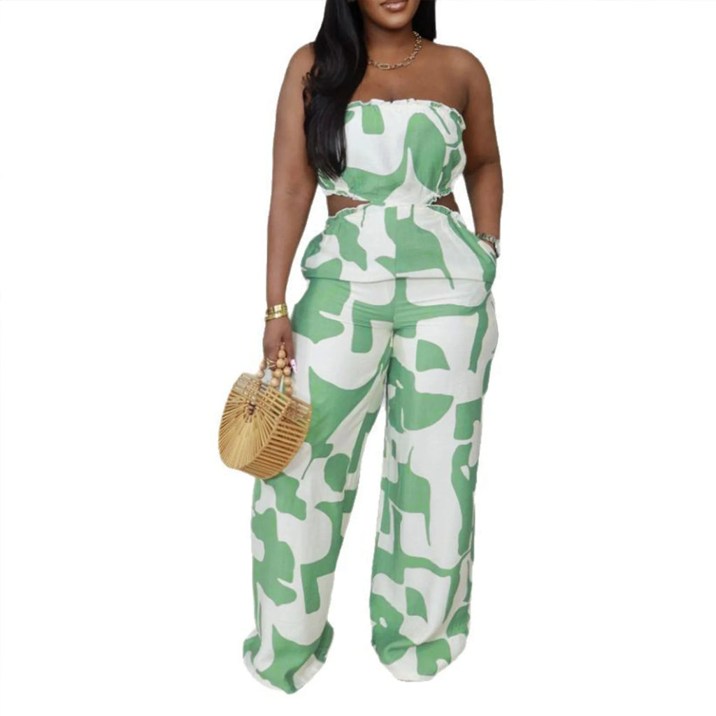 2025 Elegant Sleeveless Hollow Out Casual Style Women Tube Top with Wide-leg Jumpsuit Long Pants