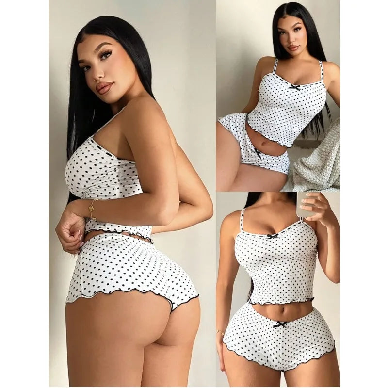 Women's Cute Dot Pajamas Set Summer Thin Sexy Tank Top And Shorts Sleepwear 2 Piece Set Female Casual Slim Elastic Home Wear