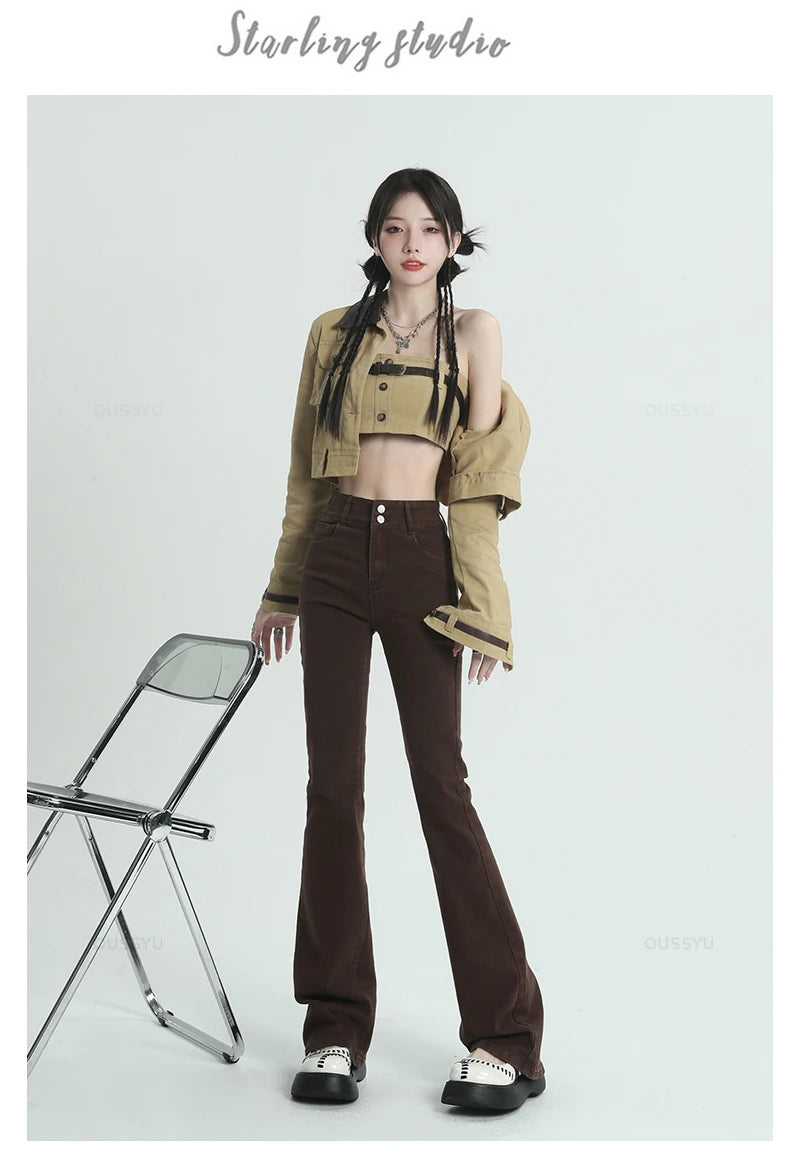 Women Jeans Cotton Denim Flared Pants Elastic Force Vintage Streetwear High Waist Slim Mom Harajuku Trousers Plus Length
