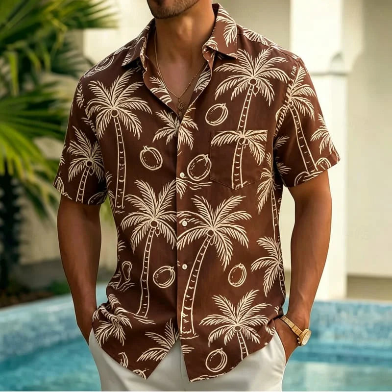 Men's Line Drawing Style Tropical Printed Short Sleeved Pocket shirt, Fresh And Simple style, For Vacation And Daily Wear