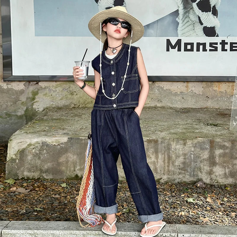 Summer teen Girls Denim Set 2024 Child Sleeveless Cowboy vest+Wide leg pants Two Piece junior kid jeans suit child outfits 10 12