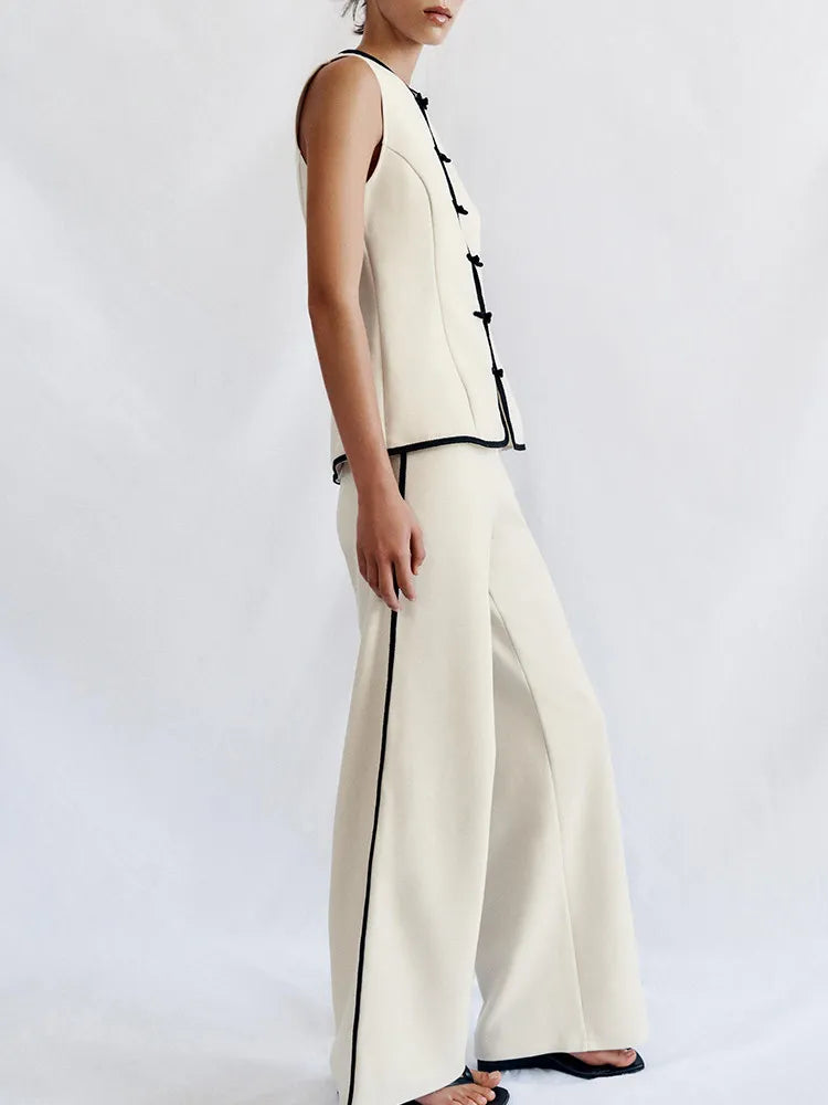 ZADATA Women's Summer Fashion Set round Neck Sleeveless Wide Leg Pants High Waist Color Block Design Top And Bottoms Ensemble