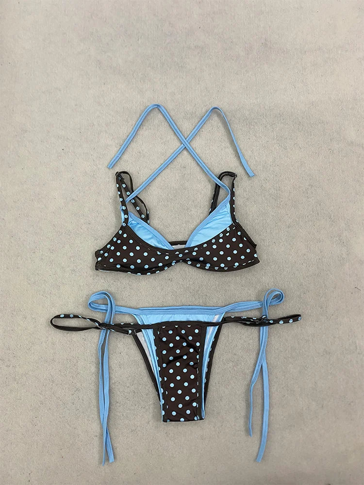 2026 Summer Polka Dot Bikini Set Women's Blue Contrasting sexy Spicy Girl Retro Polka Dot Vacation Swimsuit Lace up Split Swimsu
