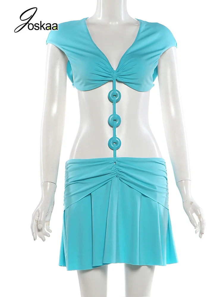 Joskaa Buckle Patchwork Blue Dress Woman Sexy  V-Neck Sleeveless Hollow Design Bodycon Mini Dresses Beachwear Party Clubwear