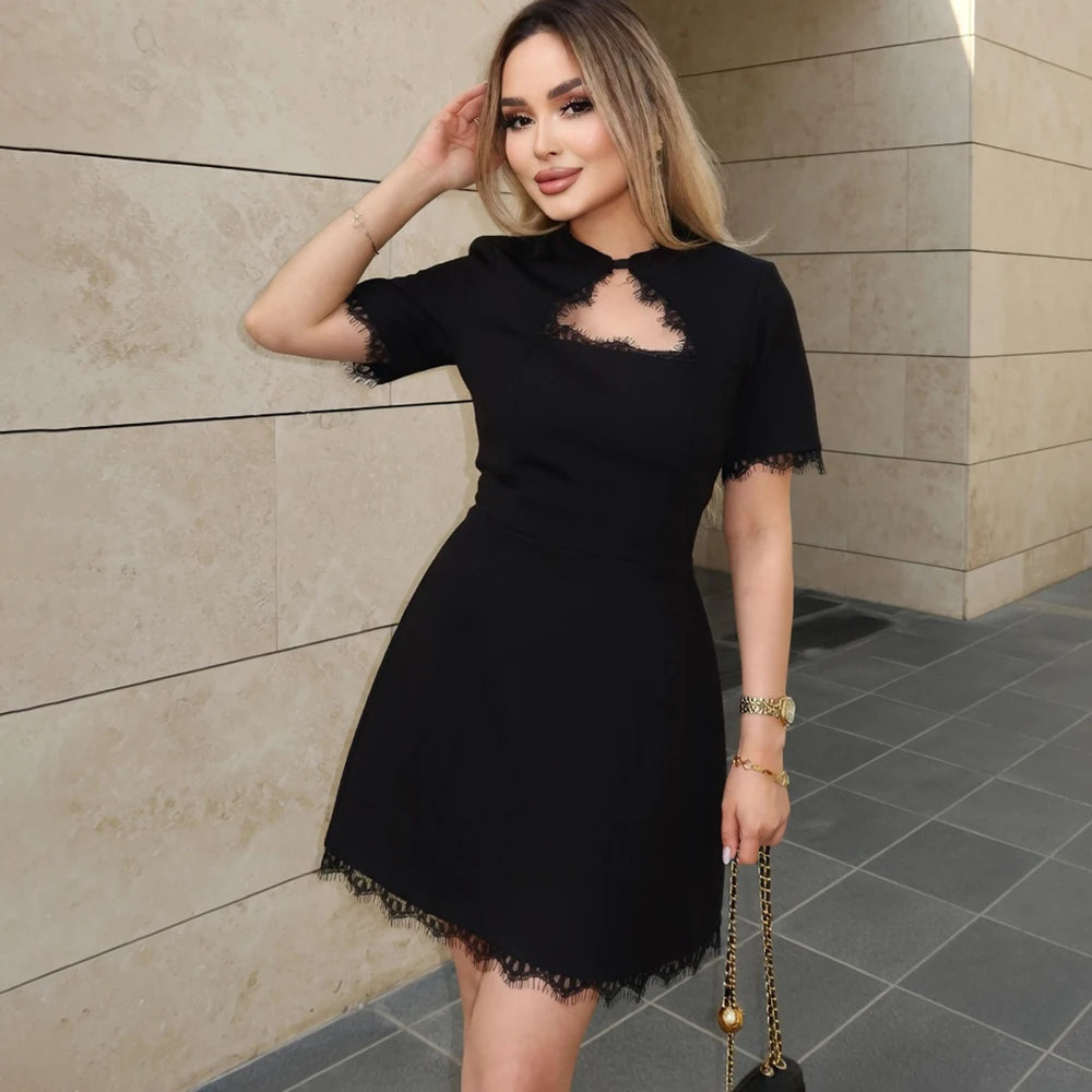 Talenza Luxury Black Evening Dress Fashion Lace Patchwork Slim High-Waisted Hollow Out Dress Elegant Summer Women's Party Dress