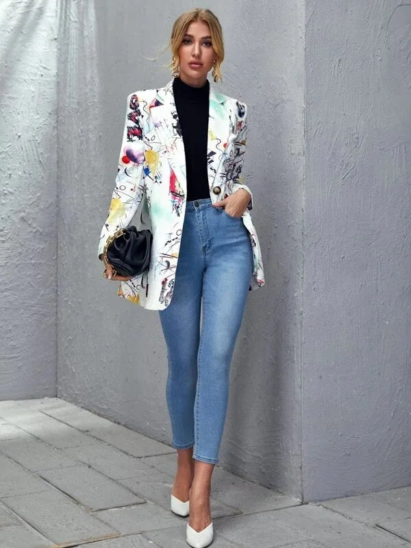 Vintage Graffiti Printing Blazer Women Jacket High Street Fashion 2021 New Spring Plus Size Elegant Lady Coat American Stylish